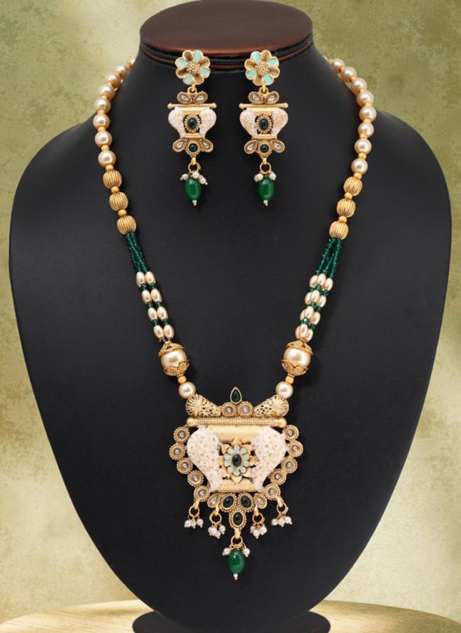   Festival Wear  Green Color Matte Gold Meenakari Necklace Set